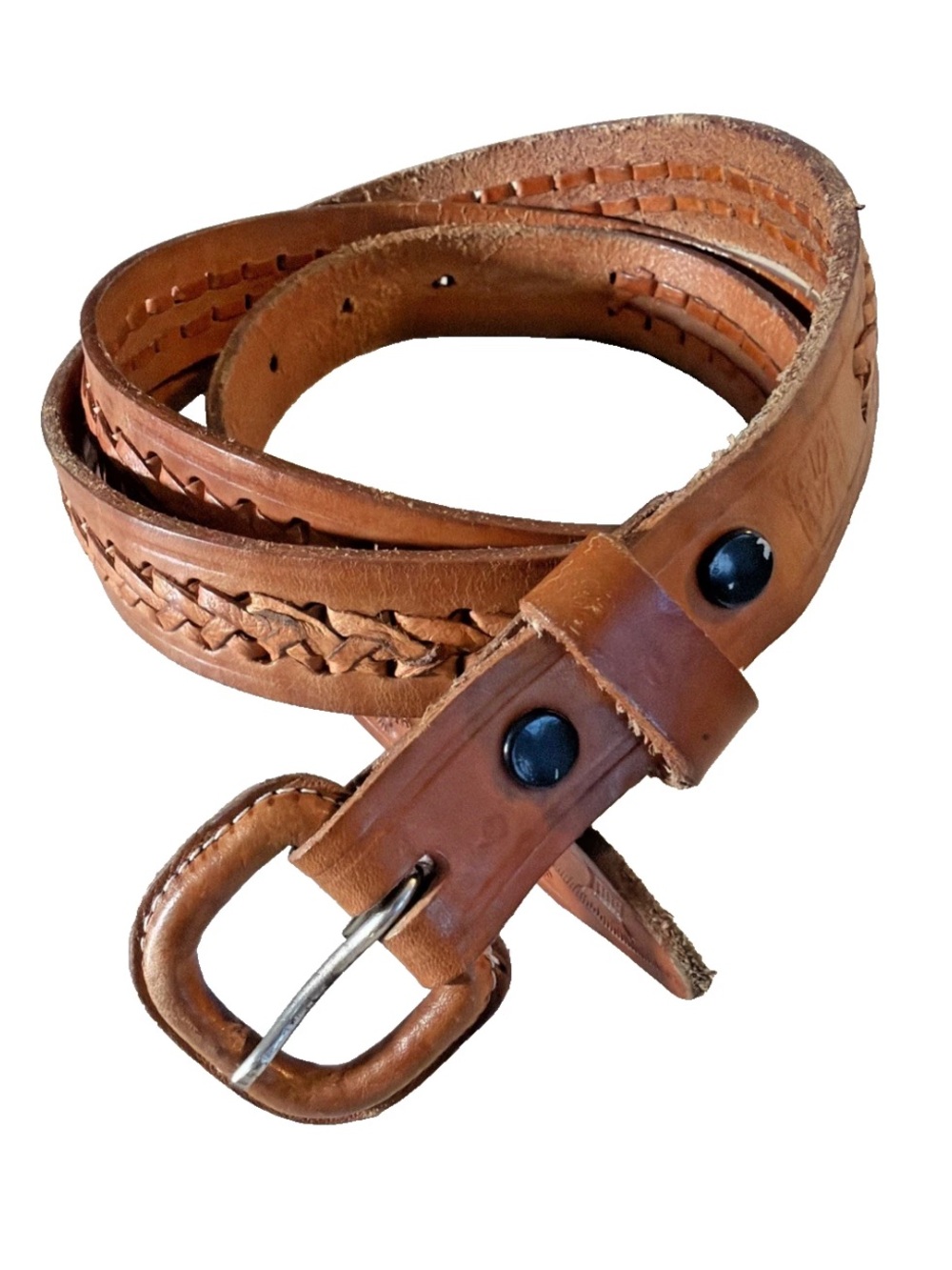 Vintage 1980s Hand-tooled Brown Tan Leather Braided Belt Size 44 Made in Mexico
